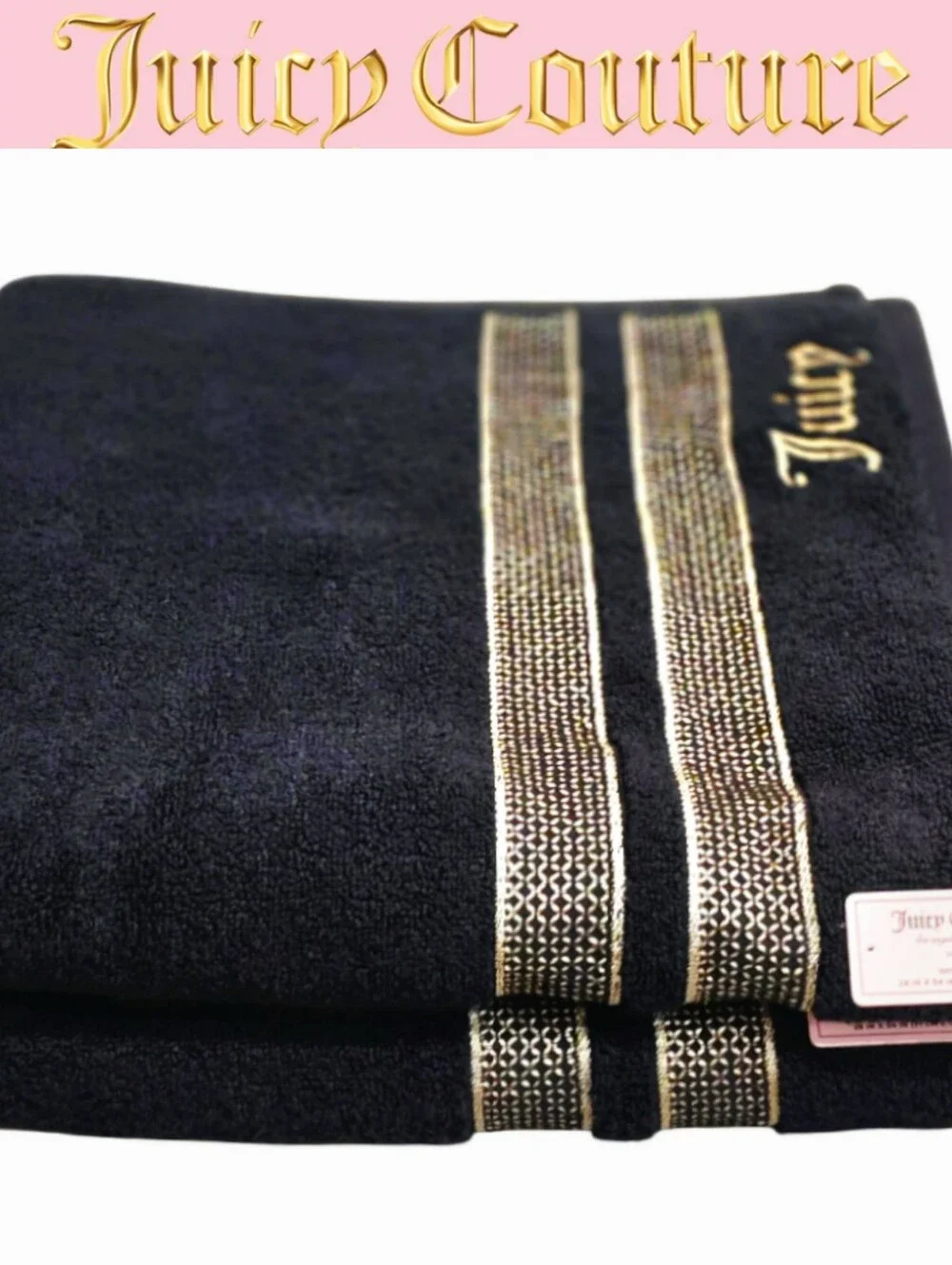 Juicy Couture Home Gold Embossed Accent Stripes Logo Plush Oversized Bath Towels